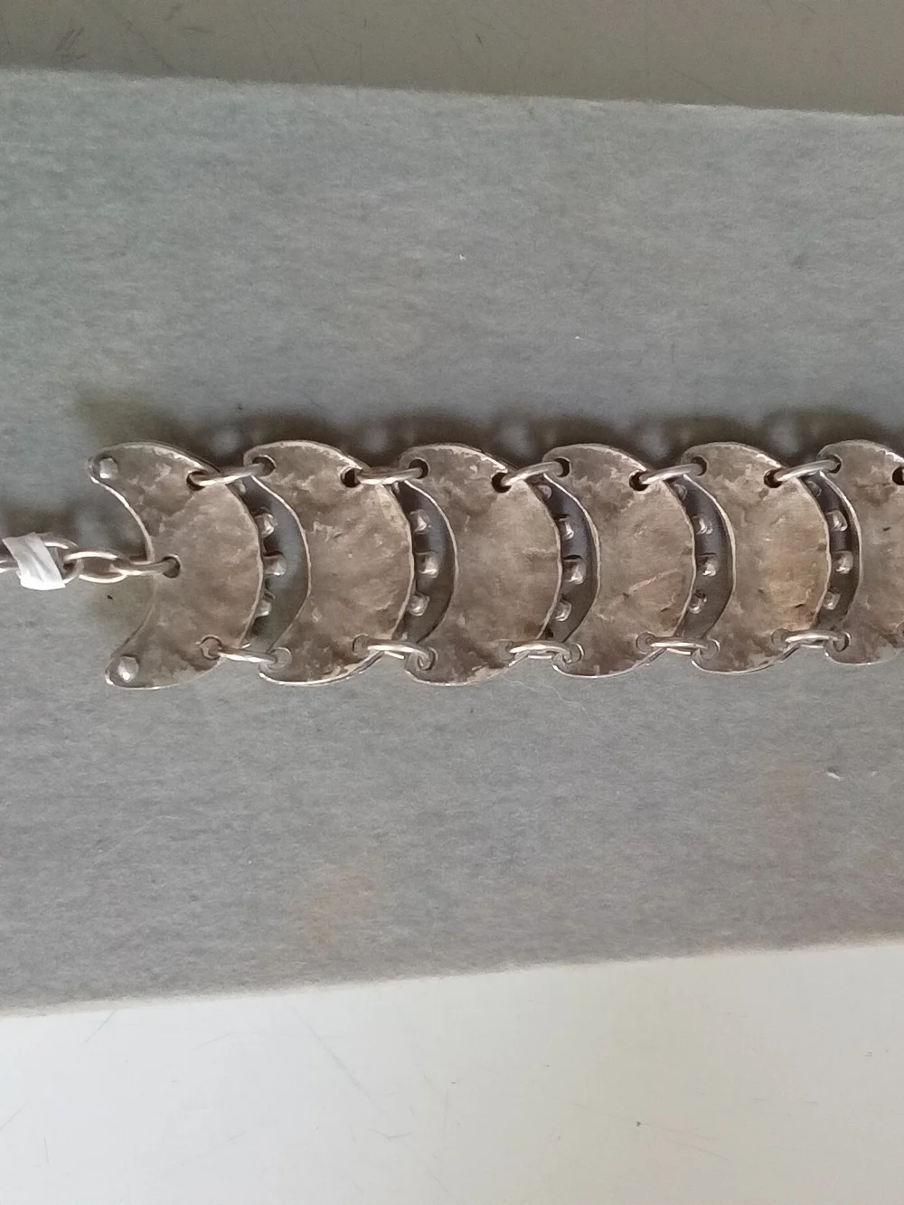 Vintage Brutalist Silver Tone Crescent Panel Bracelet with Coin Charm Boho